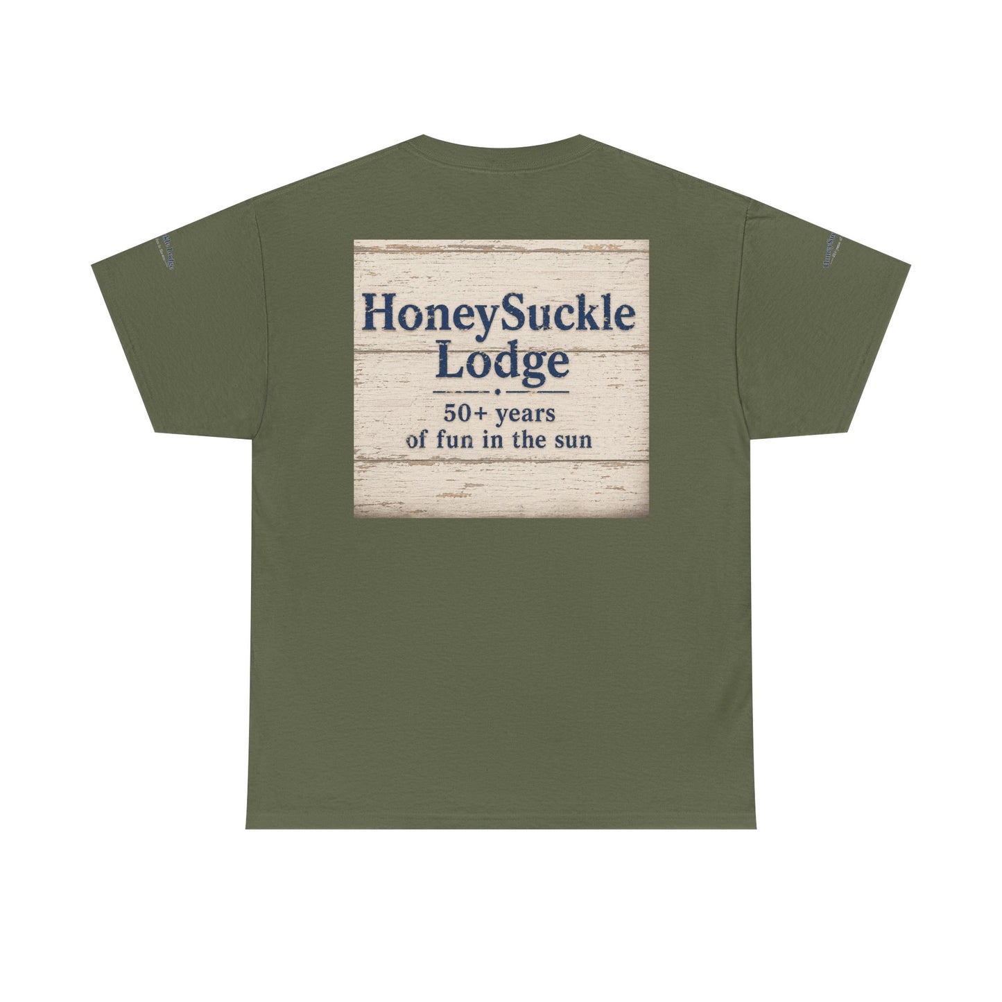 Honeysuckle Lodge Vintage Beach Print tee shirt front/back ("Honeysuckle Lodge - 50+ years of fun in the sun")