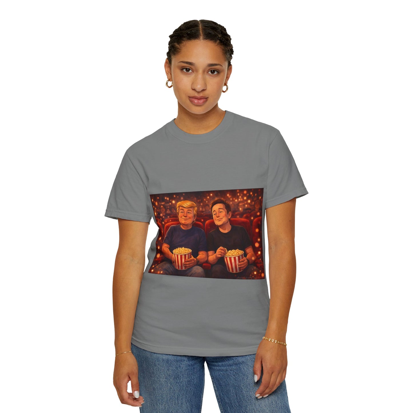 Trump & Elon—Movie Night Popcorn Tee — Cozy Cinematic Graphic T-Shirt