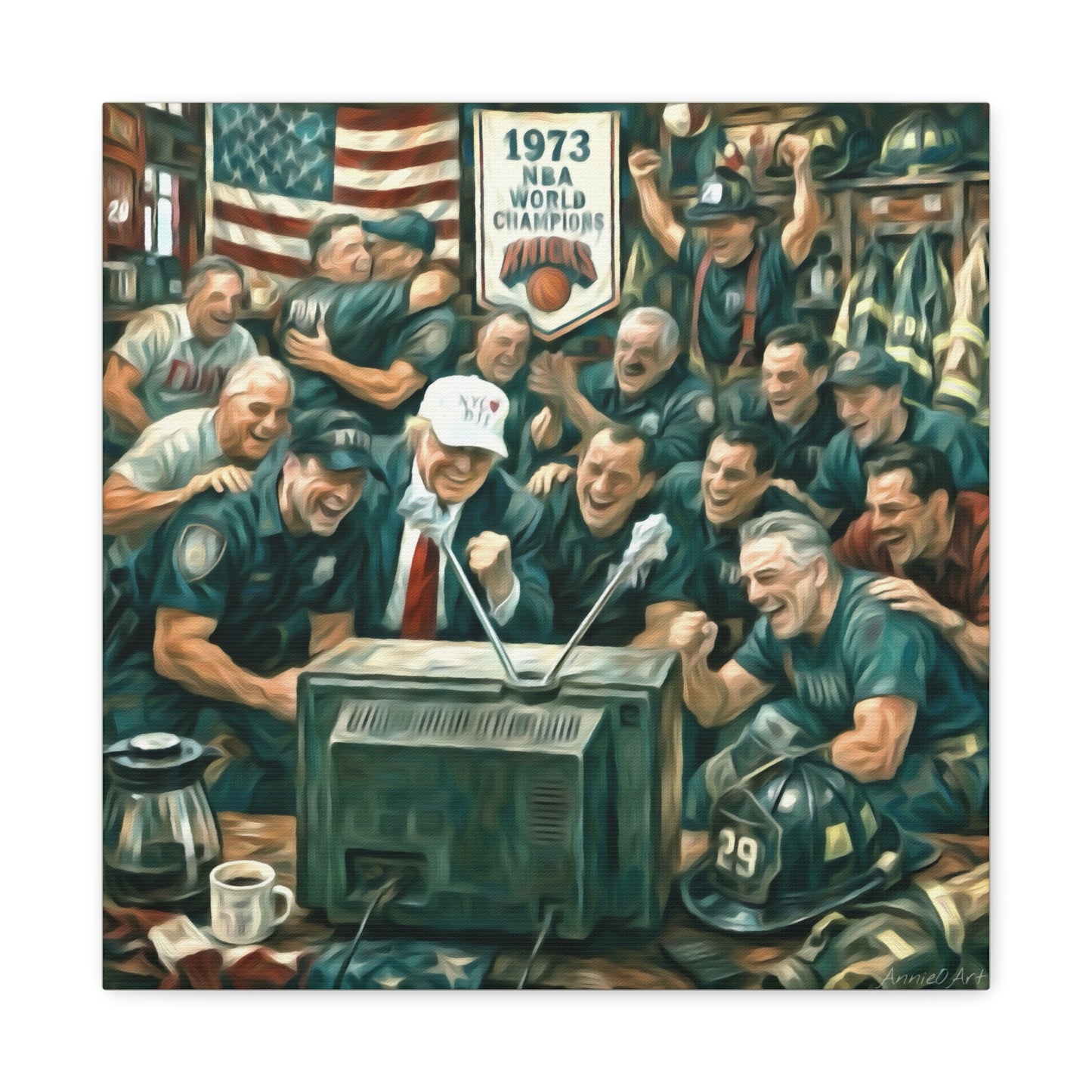 Trump Watching Knicks Game w/ FDNY &NYPD (Knicks 1973 Banner)