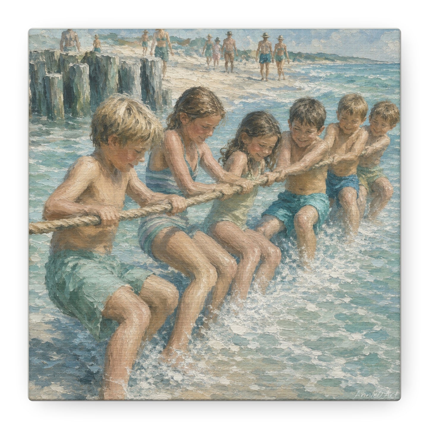 Beach Tug-of-War Matte Canvas Print — Vintage Seaside Children Wall Art