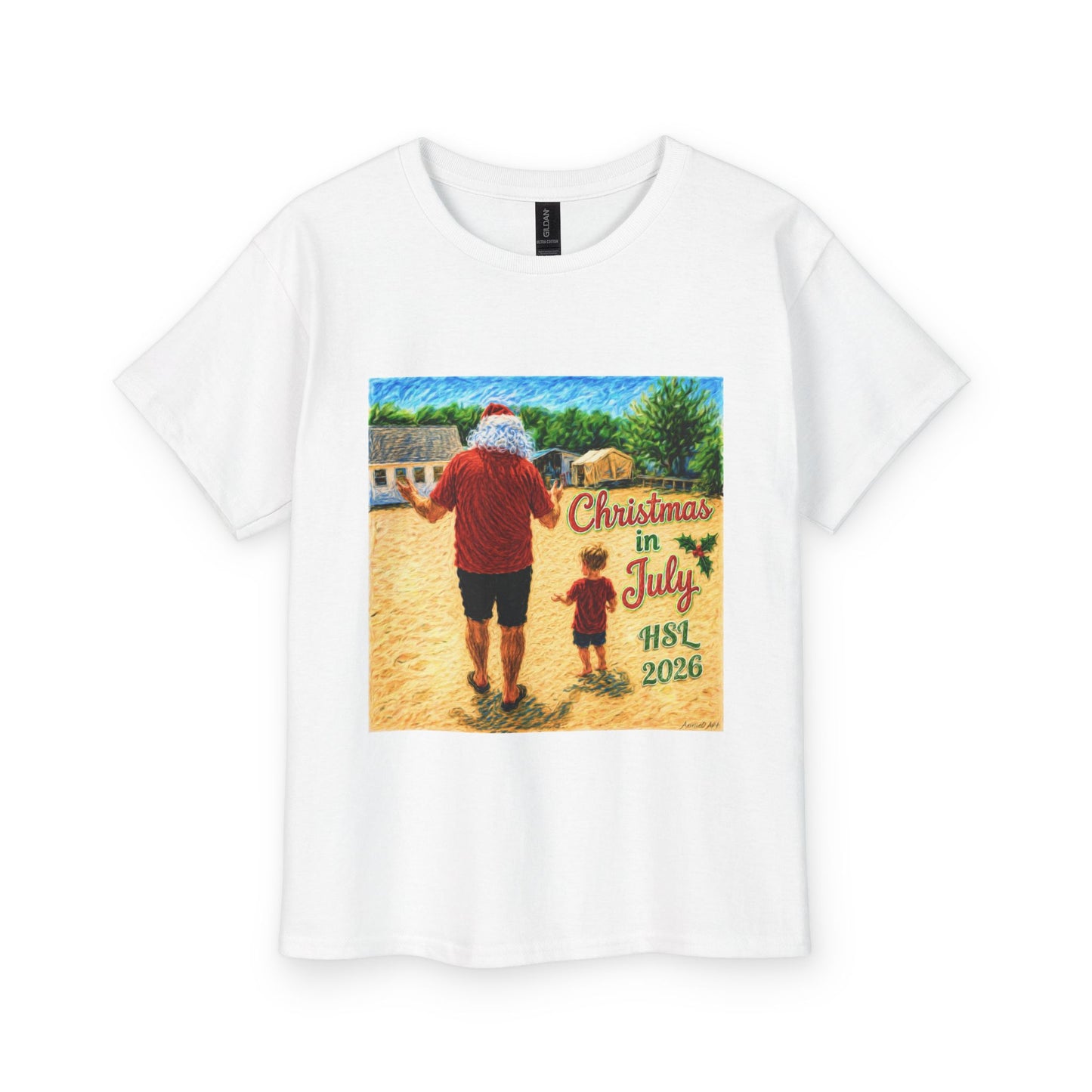 Youth Tee - 'Christmas in July 2026' Santa & Child Beach Design