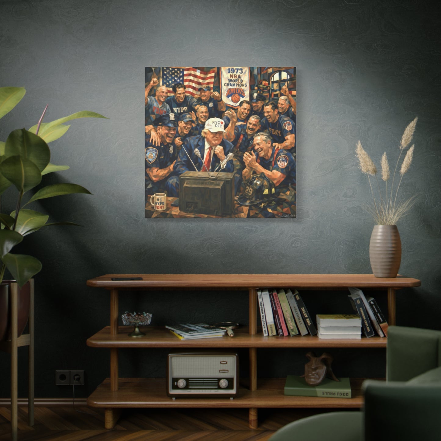 Trump Patriotic NYC Firefighters  Matte Stretched Canvas — Vintage NYPD Tribute Wall Art