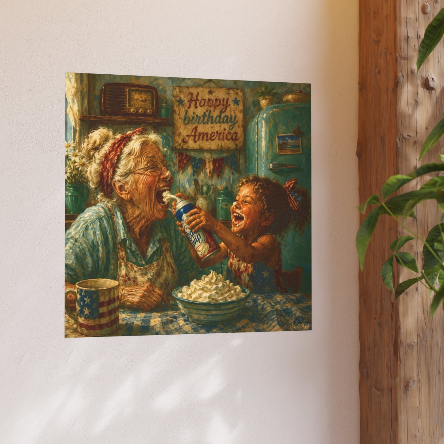Happy Birthday America Poster — Vintage Grandma & Child Kitchen Art (Satin/Matte)