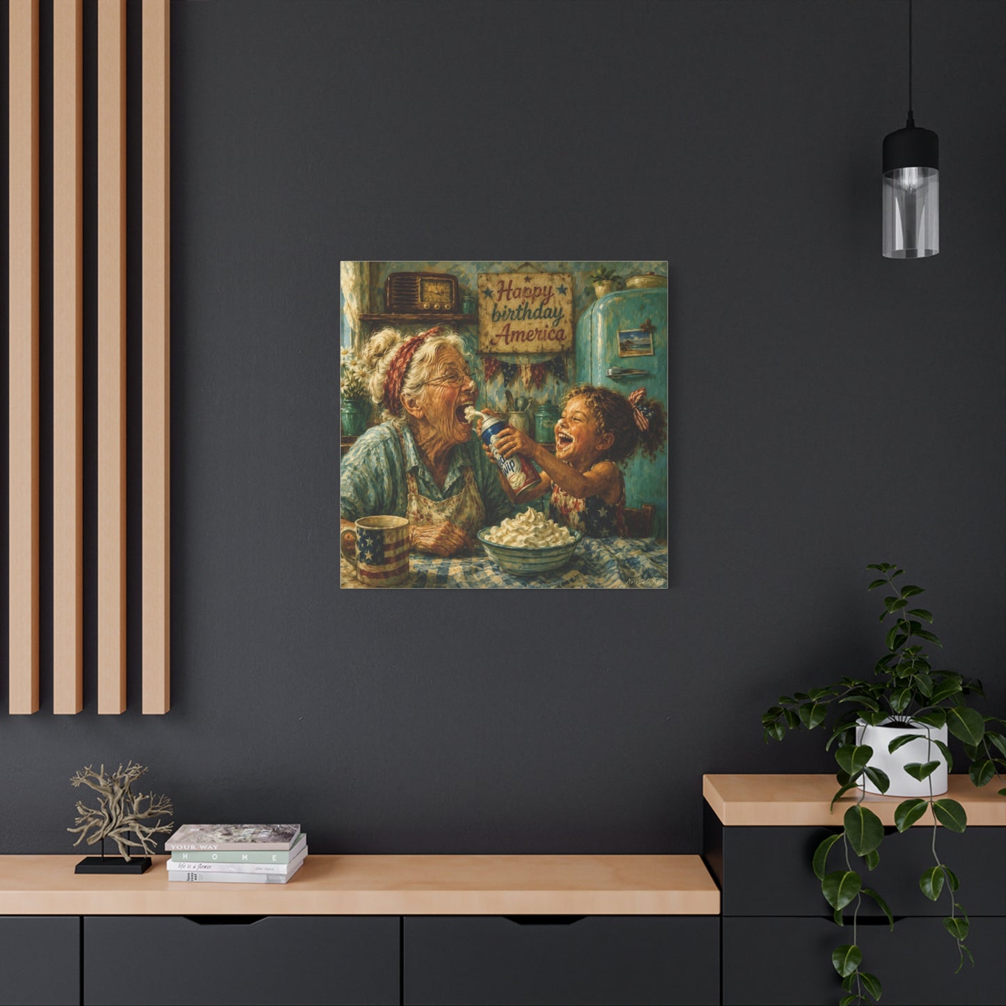 Happy Birthday America Canvas — Patriotic Grandma & Granddaughter Kitchen Wall Art