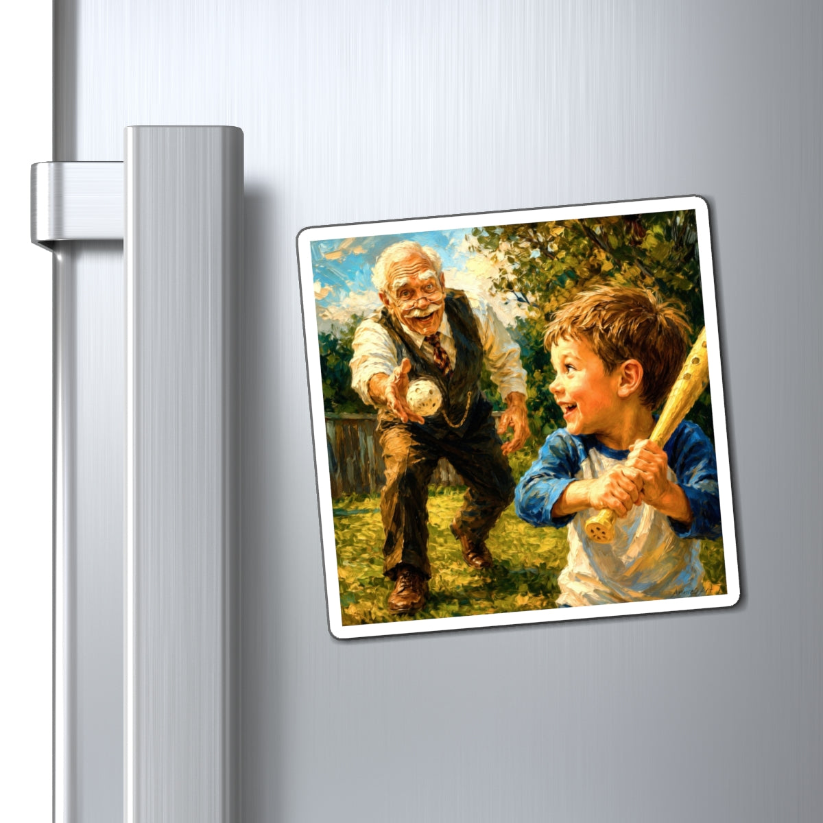 Vintage Grandfather & Grandson Baseball Magnet — Nostalgic Family Keepsake