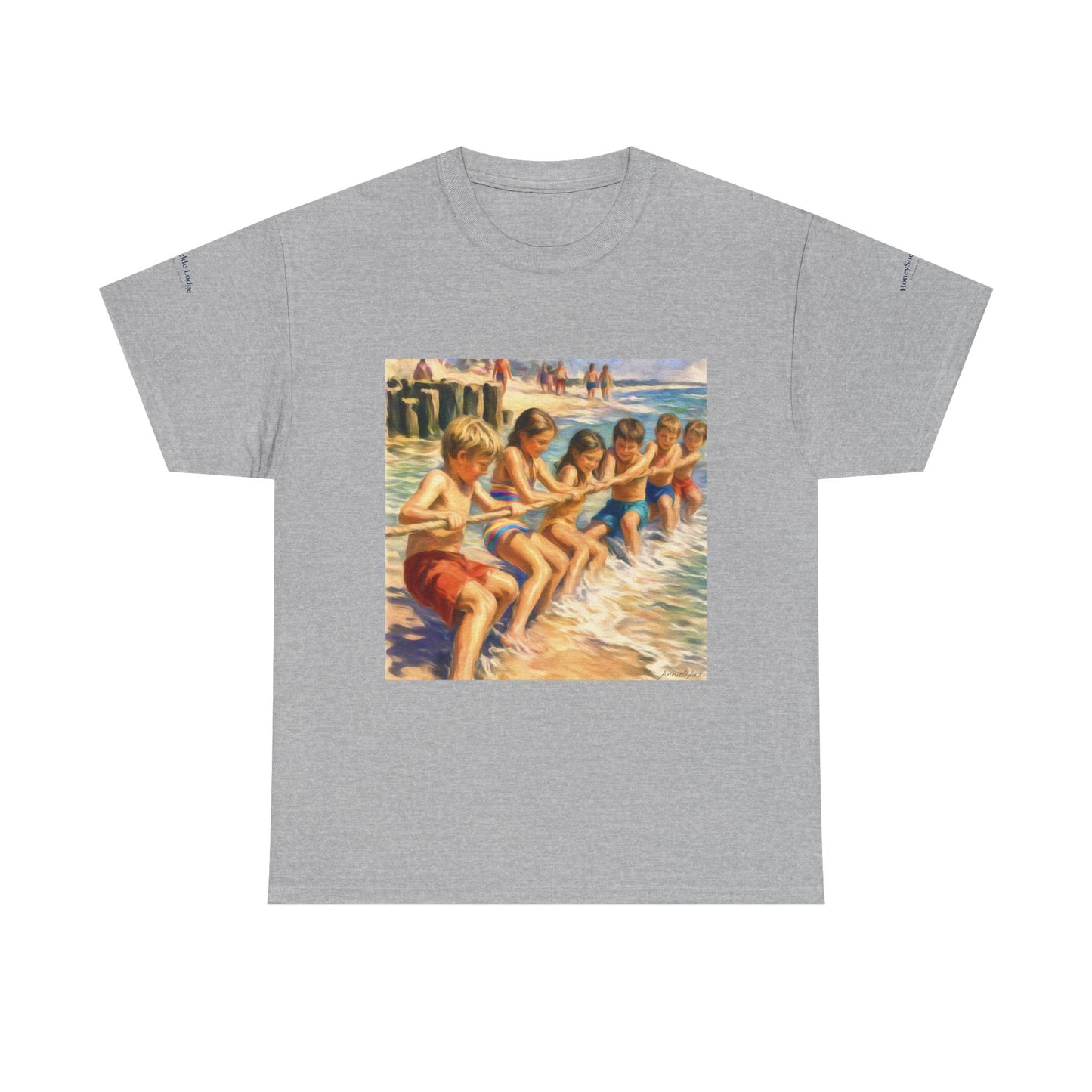 Honeysuckle Lodge Vintage Beach Print tee shirt front/back ("Honeysuckle Lodge - 50+ years of fun in the sun")