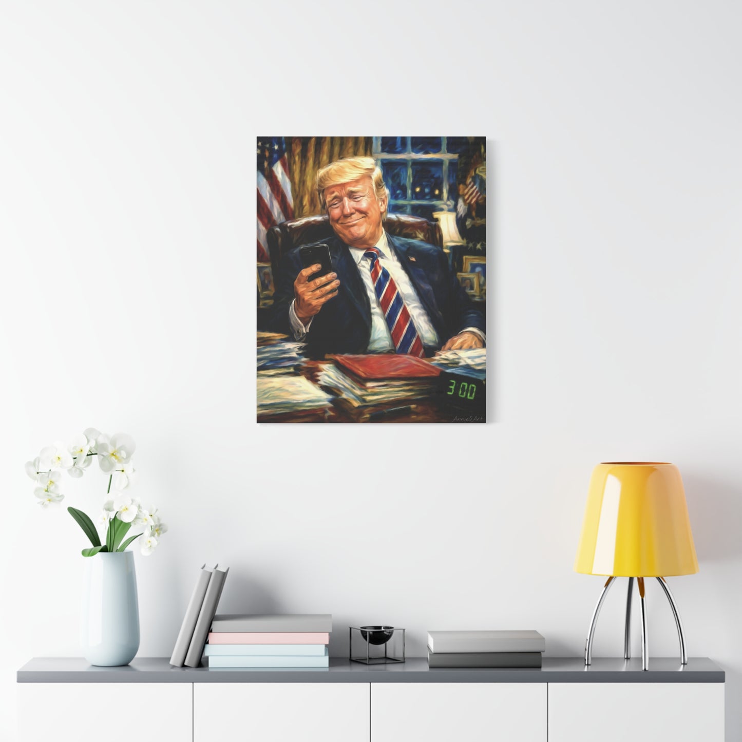Trump Reading “Keyboard Warrior’ Memes at 3 AM— Patriotic Office Portrait Canvas—
