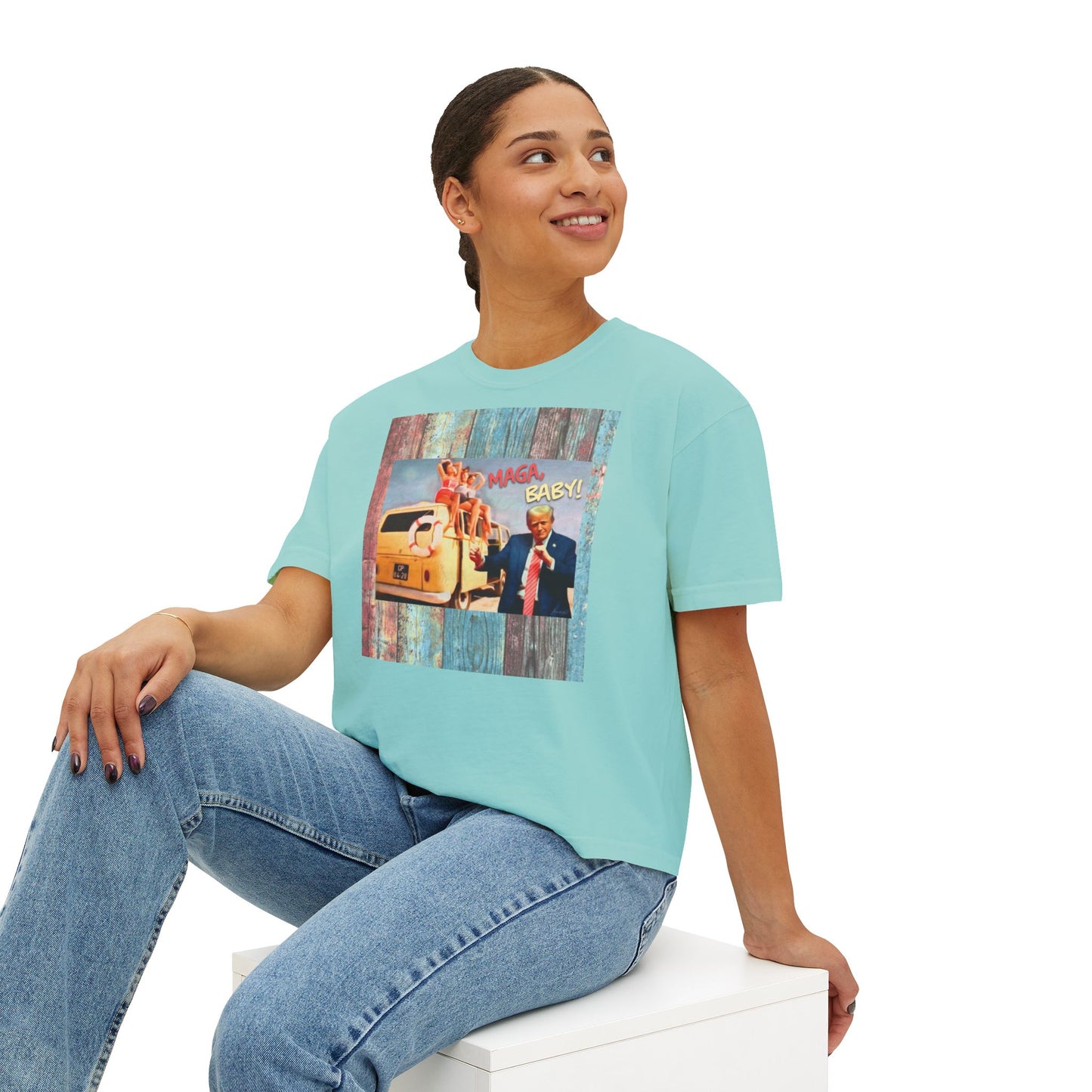 Beach scene w DJT dancing Retro VW van “MAGA, baby!” —Graphic Boxy Tee — Vintage Roadtrip/Rally tee Women's Shirt