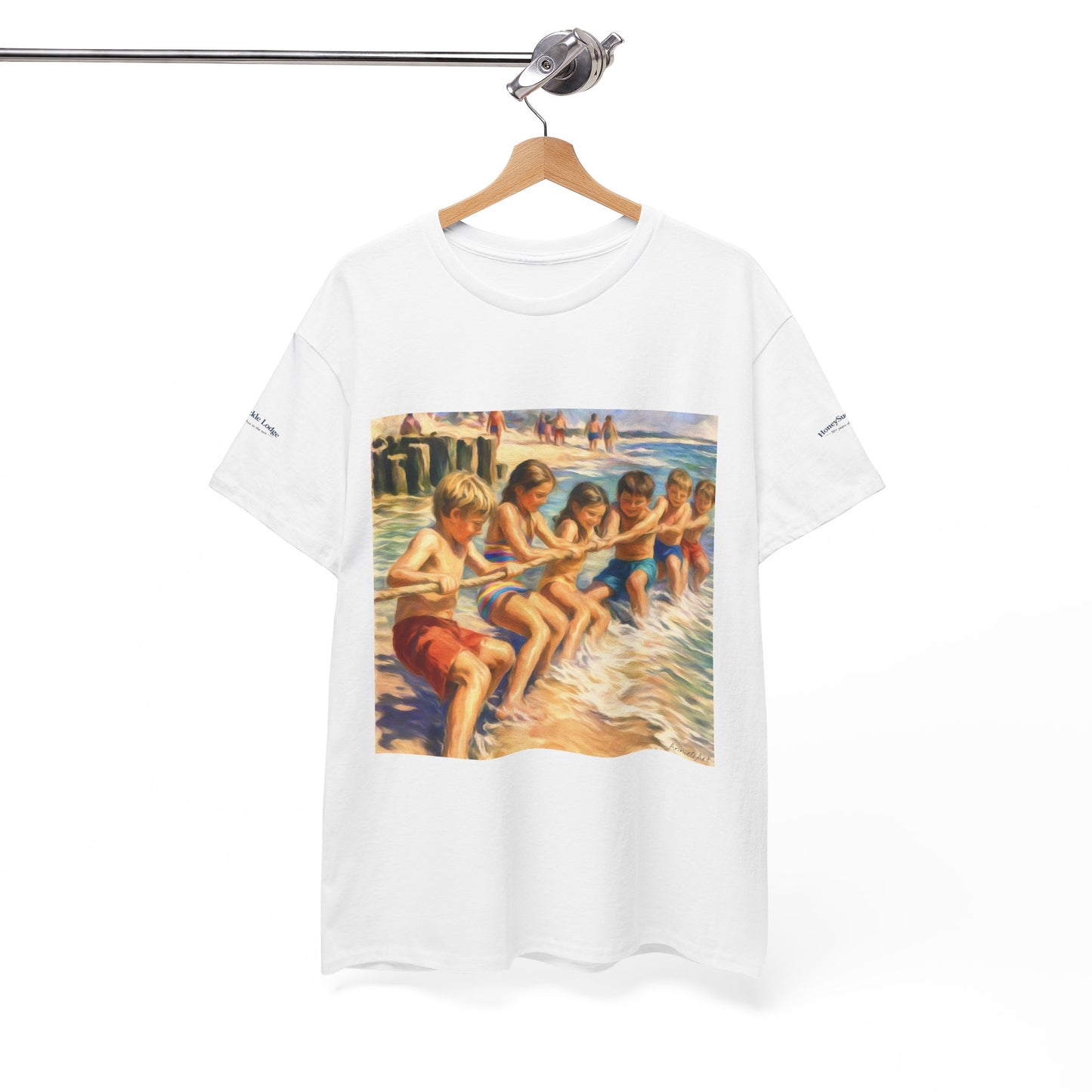 Honeysuckle Lodge Vintage Beach Print tee shirt front/back ("Honeysuckle Lodge - 50+ years of fun in the sun")