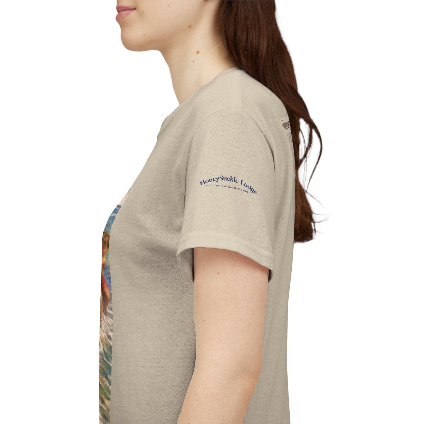 Honeysuckle Lodge Vintage Beach Print tee shirt front/back ("Honeysuckle Lodge - 50+ years of fun in the sun")