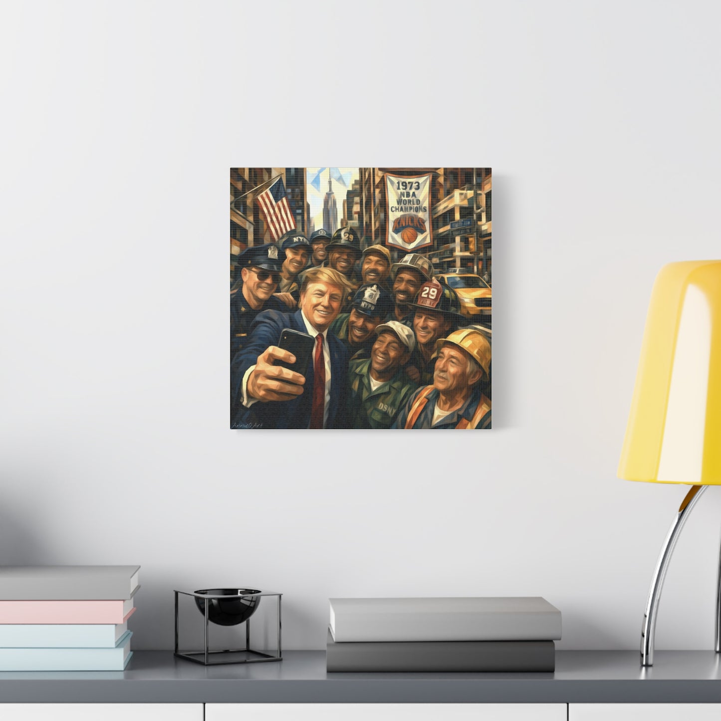 Trump Selfie w/City Workers Canvas Wall Art — Patriotic Urban Selfie Scene