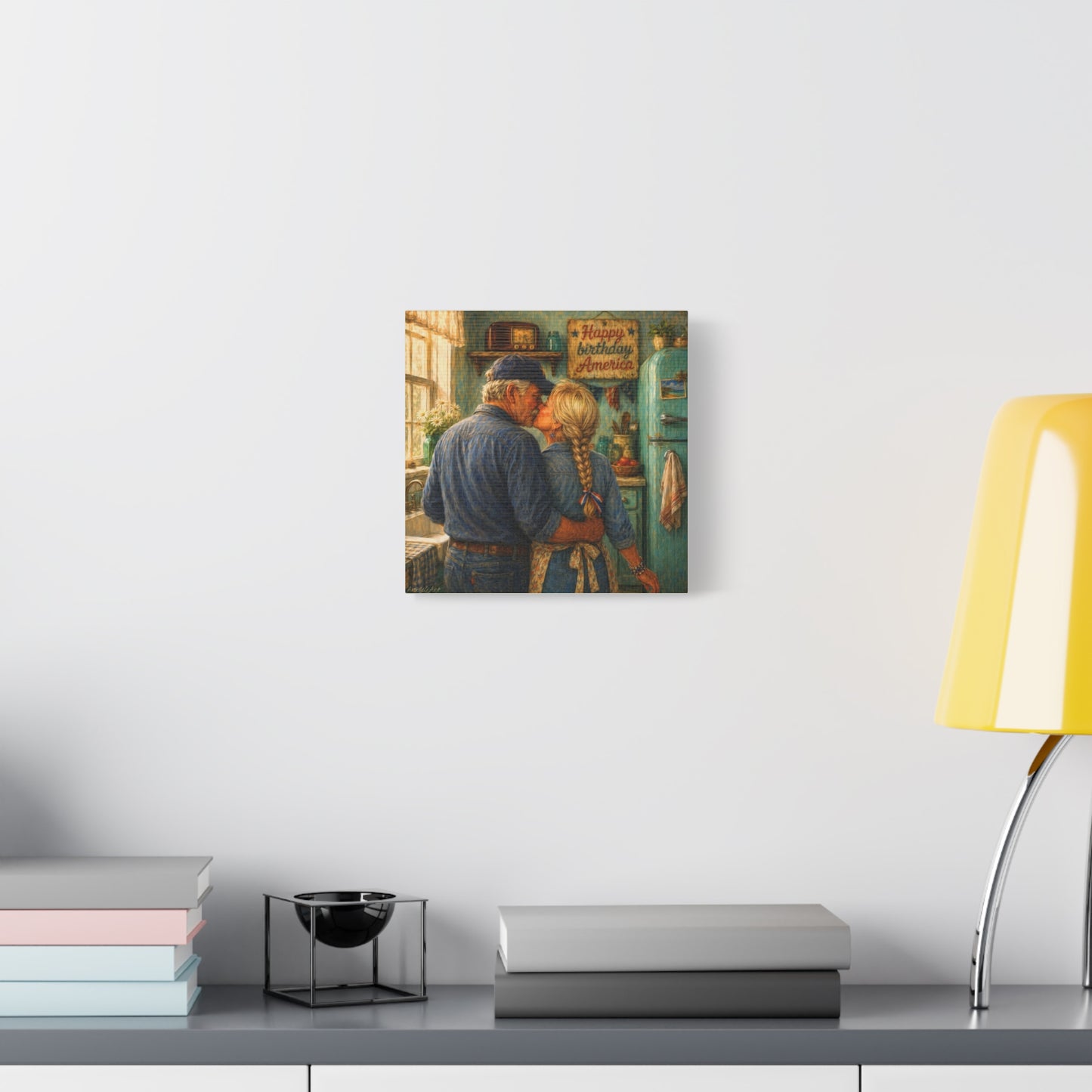 Patriotic Country Kitchen Canvas - "Happy Birthday America" Rustic Couple Wall Art