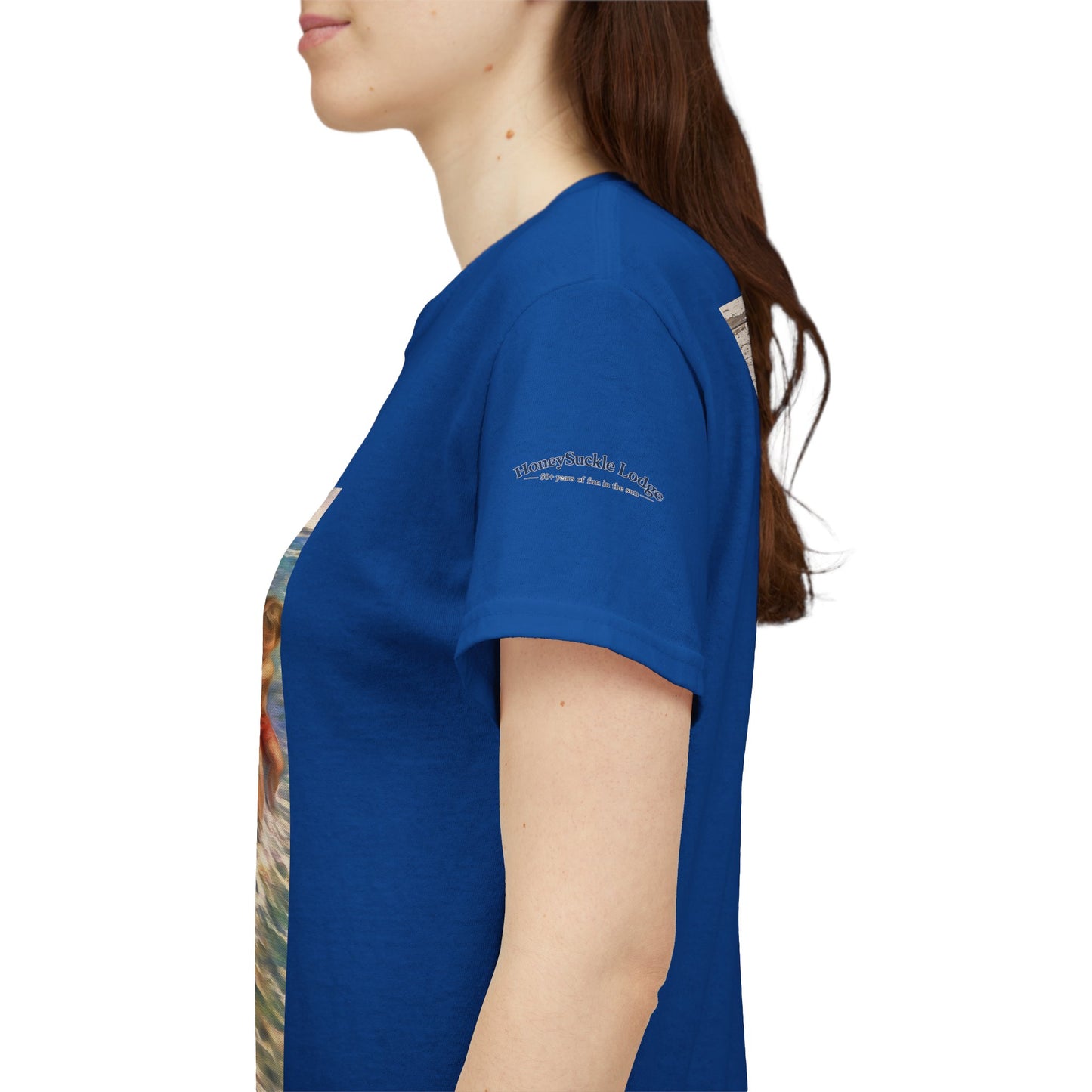 Honeysuckle Lodge Vintage Beach Print tee shirt front/back ("Honeysuckle Lodge - 50+ years of fun in the sun")