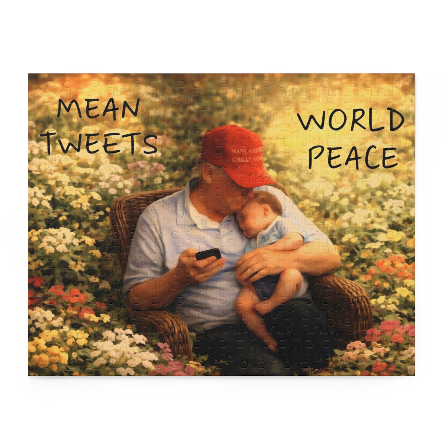 Trump Puzzle — 'Mean Tweets, World Peace' Grandpa & Baby 120/252/500-Piece Jigsaw