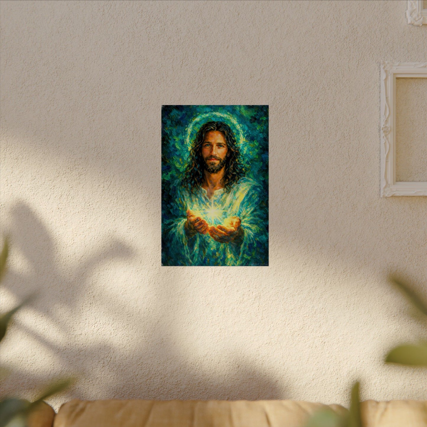 Jesus Holding Light —Oil Poster — Textured Matte Spiritual Wall Art