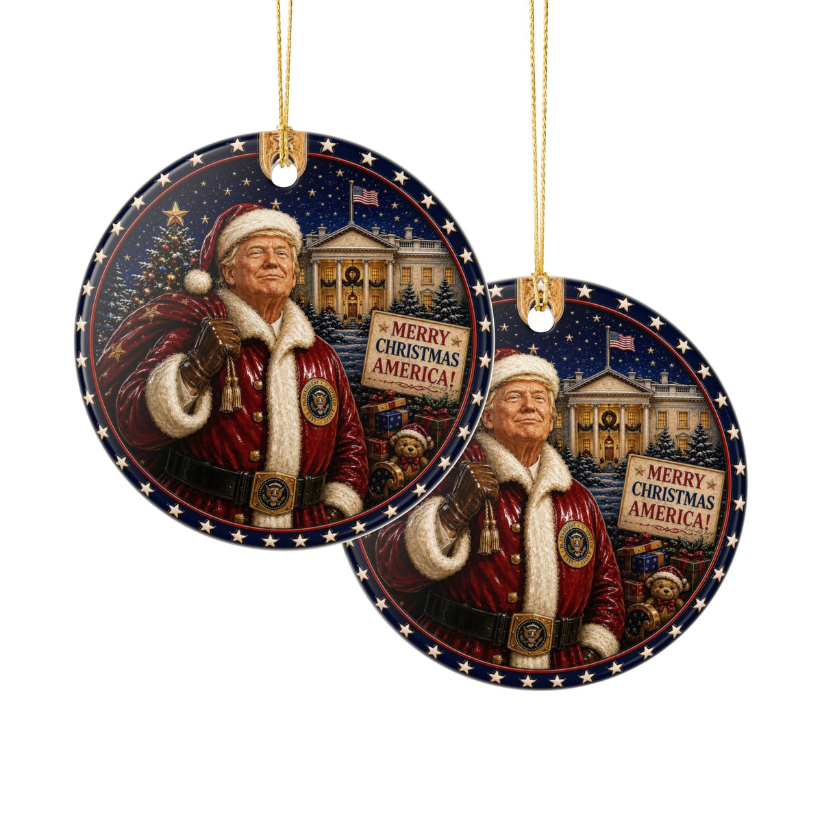 Patriotic Trump Santa Ceramic Ornament — "Merry Christmas America!" Holiday Decoration