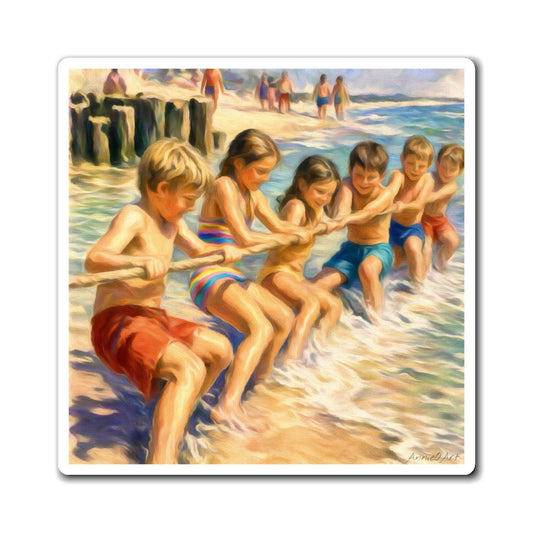 Beach Tug‑of‑War Kids Magnet — Vintage Summer Seaside Fridge Magnet