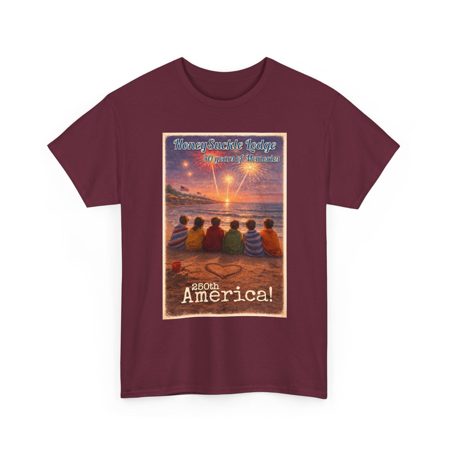 HoneySuckle Lodge 50th—Patriotic Sunset Beach T‑Shirt – 'God Bless America' Vintage Kids Watching Fireworks