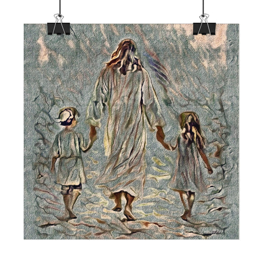 Jesus Walking With Children Poster — Textured Matte Wall Art