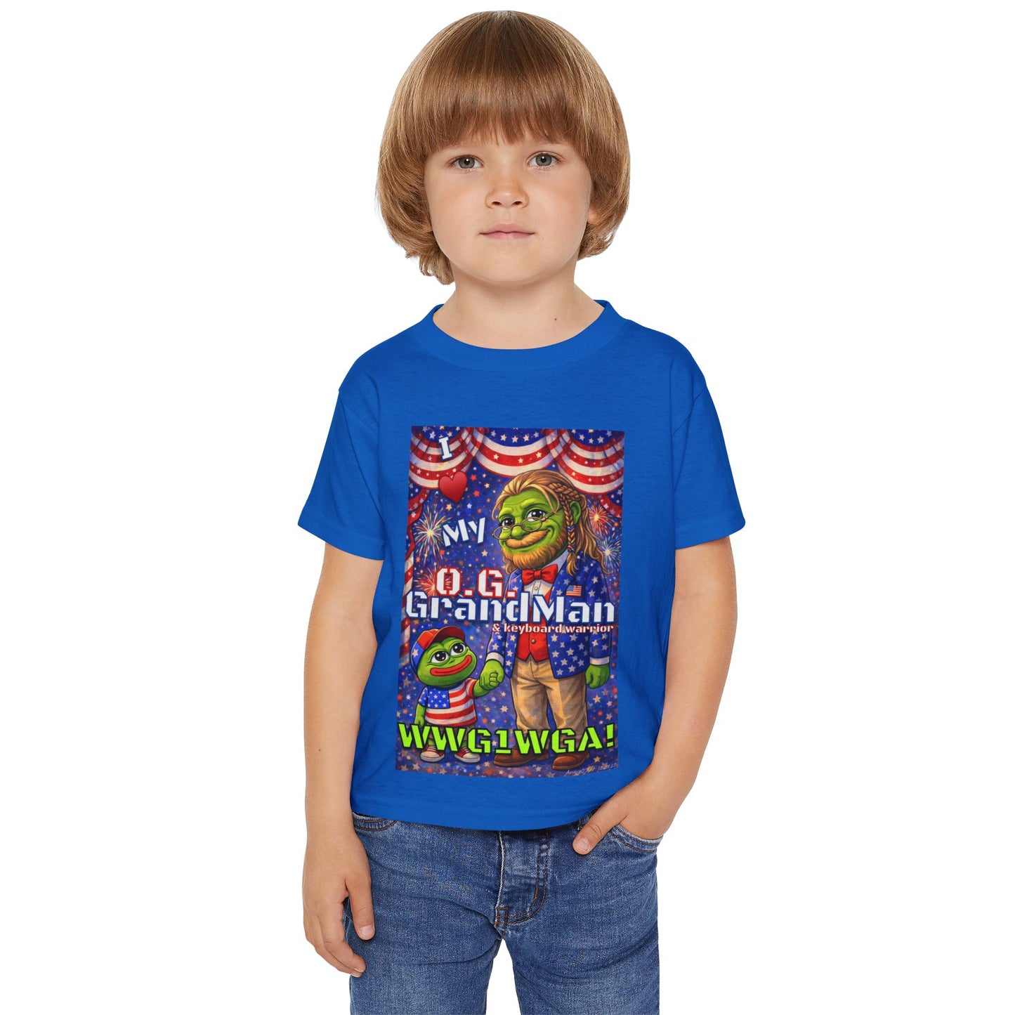 GrandMan/Grandpa Anons & Keyboard Warriors — "I ♥️ My O.G. GrandMan" Patriotic Frog Kids Tee (WWG1WGA)
