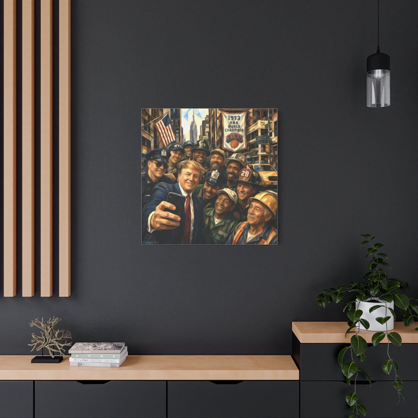 Trump Selfie w/City Workers Canvas Wall Art — Patriotic Urban Selfie Scene