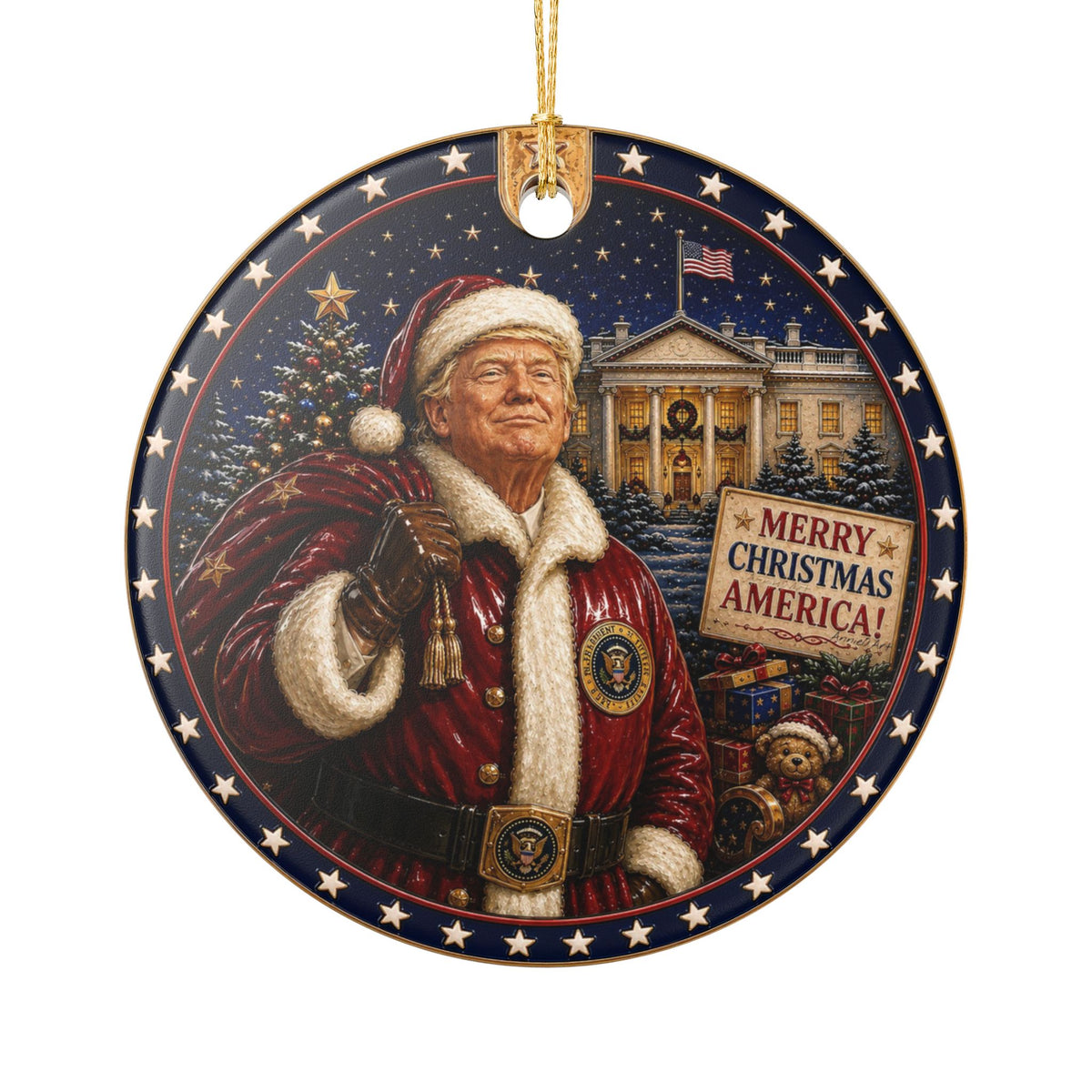 Patriotic Trump Santa Ceramic Ornament — "Merry Christmas America!" Holiday Decoration