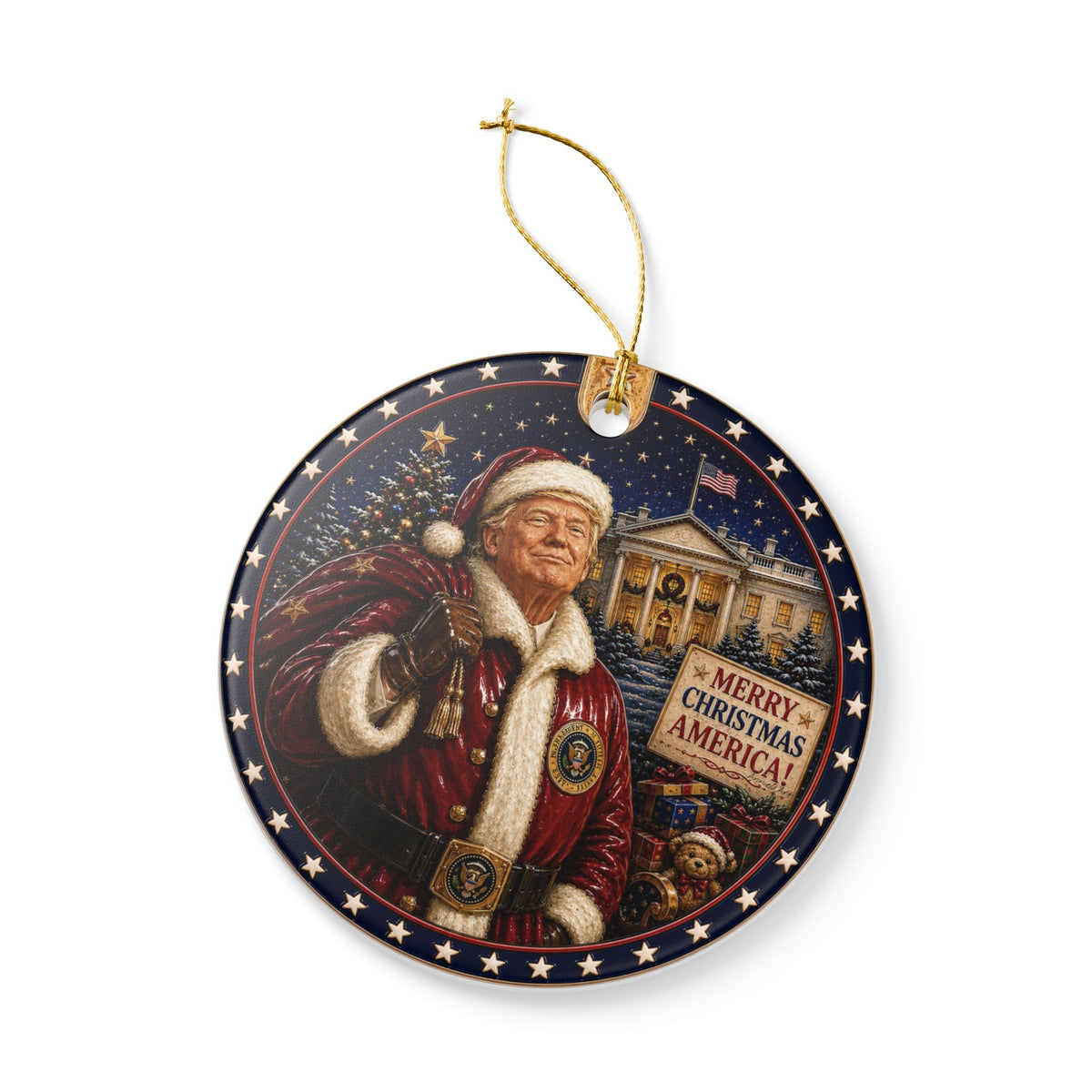 Patriotic Trump Santa Ceramic Ornament — "Merry Christmas America!" Holiday Decoration