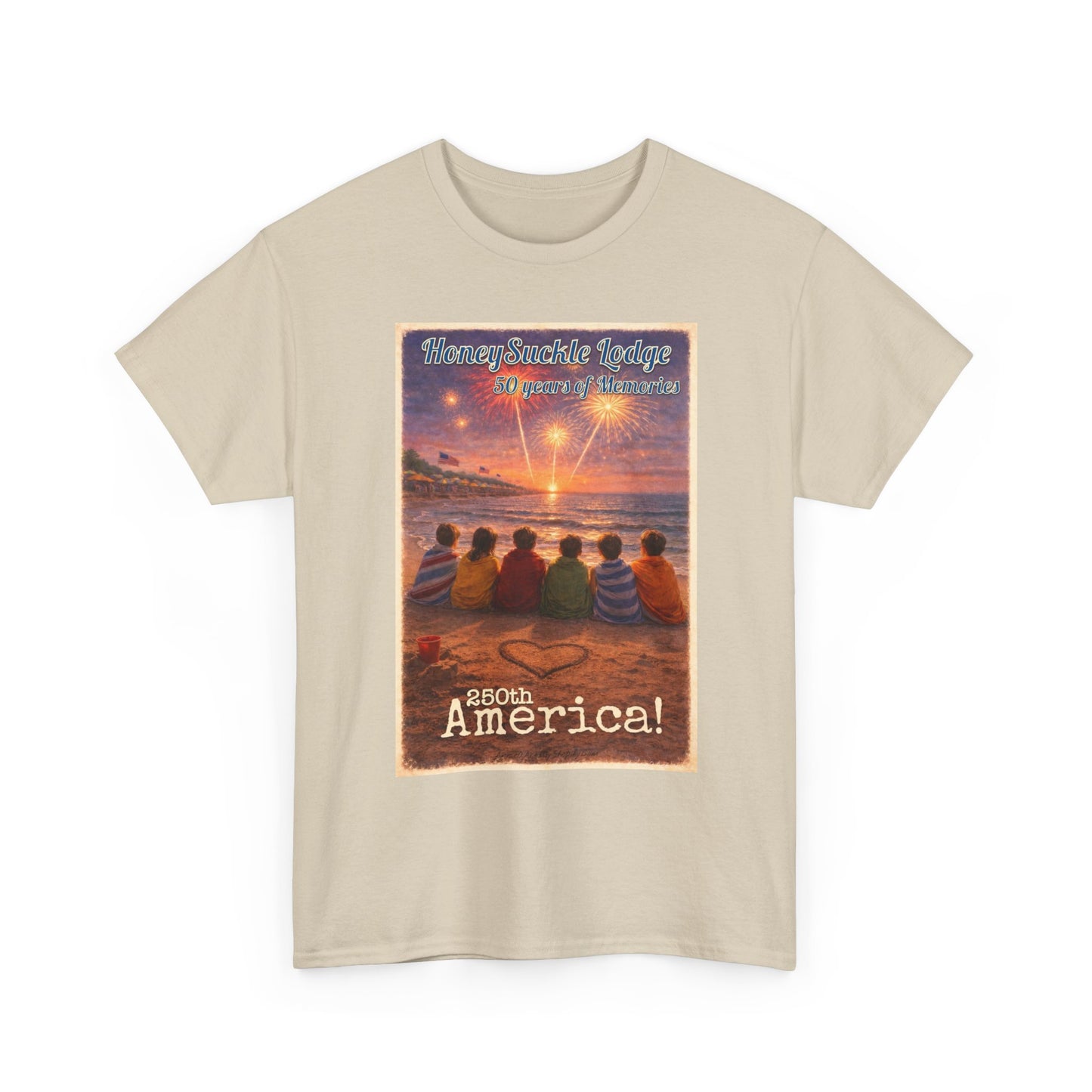 HoneySuckle Lodge 50th—Patriotic Sunset Beach T‑Shirt – 'God Bless America' Vintage Kids Watching Fireworks