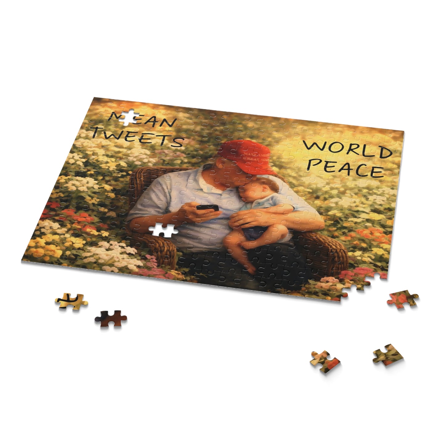 Trump Puzzle — 'Mean Tweets, World Peace' Grandpa & Baby 120/252/500-Piece Jigsaw