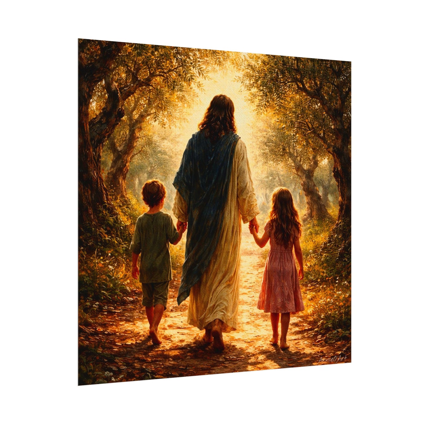 Jesus Walking with Children Watercolor Poster — Textured Matte Wall Art