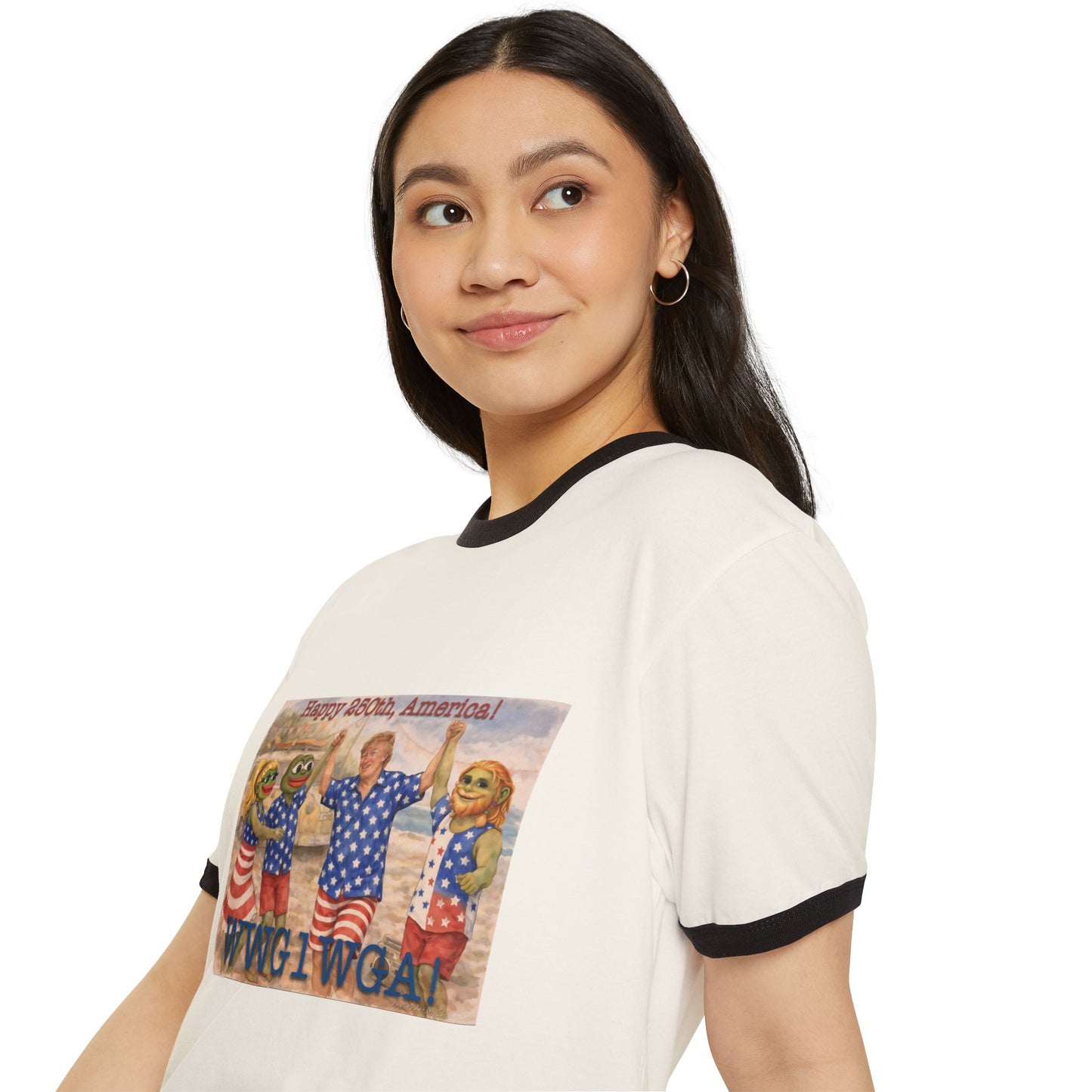 Patriotic Ringer T-Shirt — "Happy 250th, America!" WWG1WGA Graphic