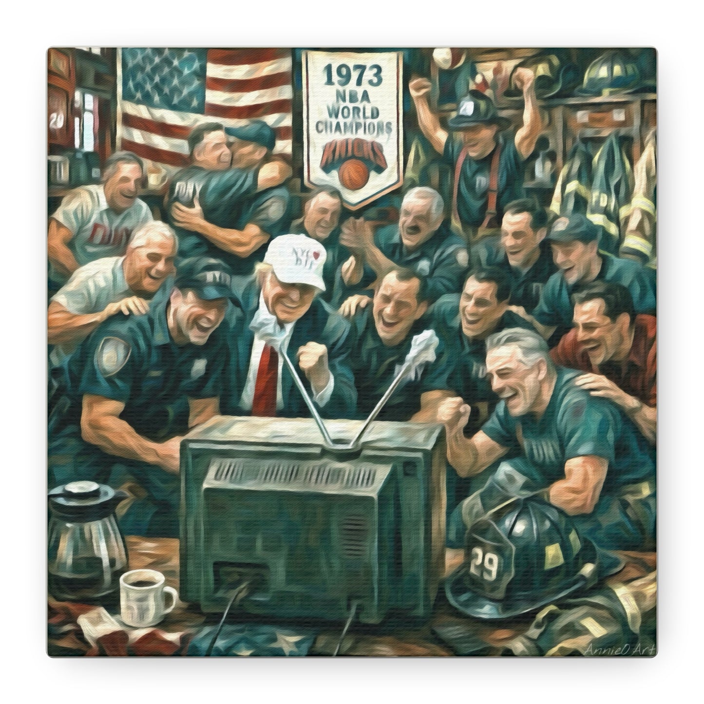 Trump Watching Knicks Game w/ FDNY &NYPD (Knicks 1973 Banner)