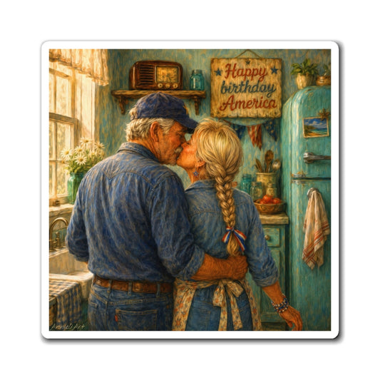 Vintage Americana Refrigerator Magnet - 'Happy Birthday America' Rustic Couple Kitchen Art