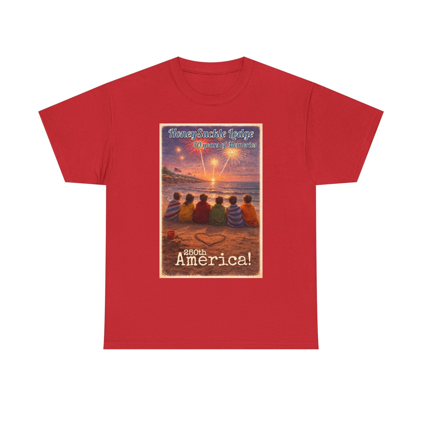 HoneySuckle Lodge 50th—Patriotic Sunset Beach T‑Shirt – 'God Bless America' Vintage Kids Watching Fireworks