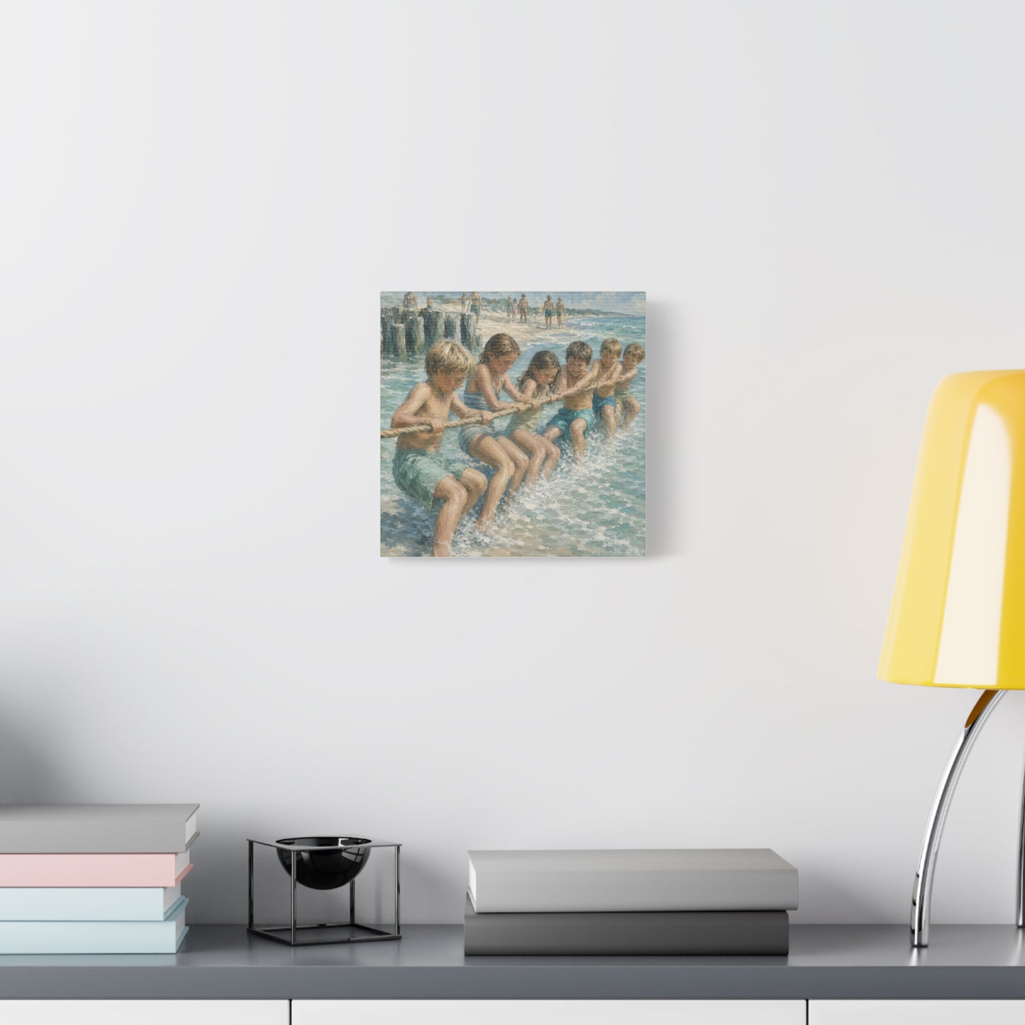 Beach Tug-of-War Matte Canvas Print — Vintage Seaside Children Wall Art