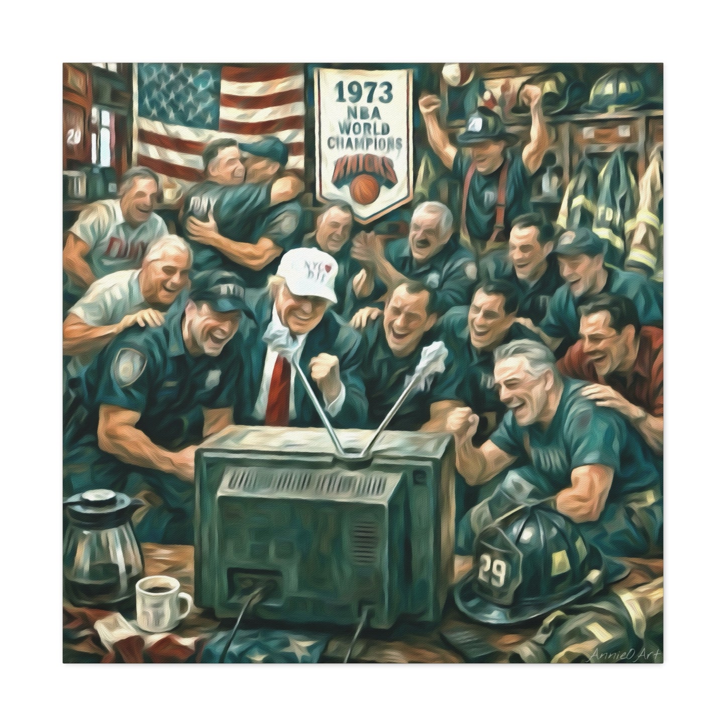 Trump Watching Knicks Game w/ FDNY &NYPD (Knicks 1973 Banner)