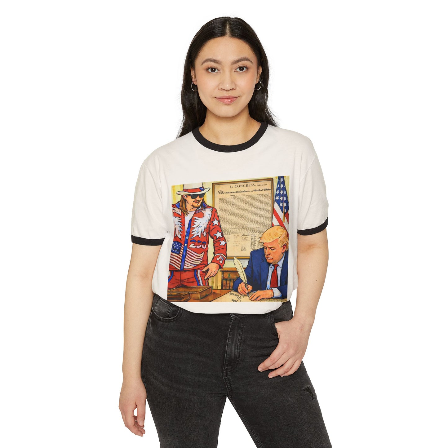 250th Independence Ringer T-Shirt — Patriotic Illustration of Trump Signing with Kid Rock