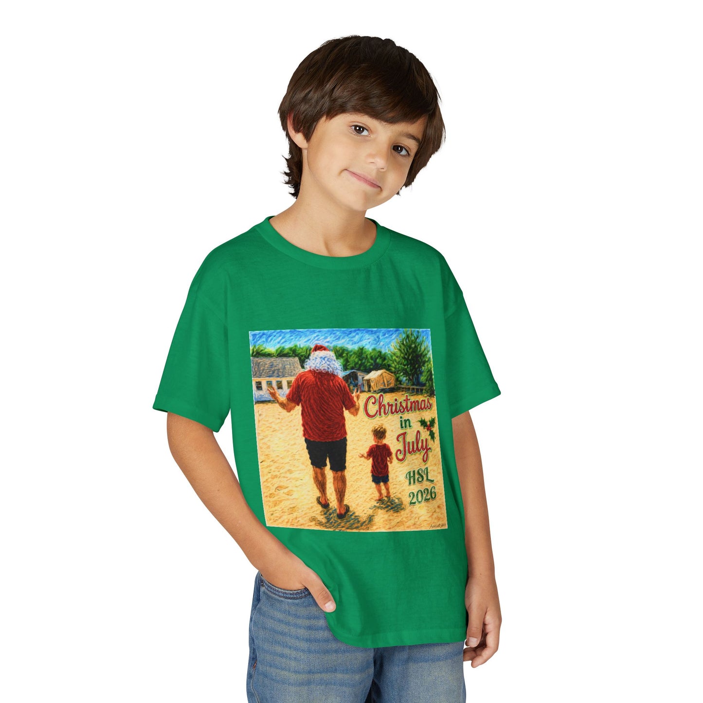 Youth T-Shirt — "Christmas in July" Beach Santa Kids Tee (HSL 2026)