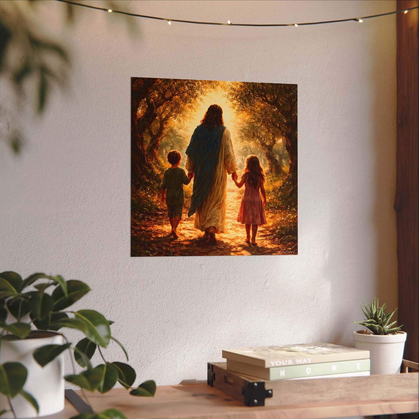 Jesus Walking with Children Watercolor Poster — Textured Matte Wall Art