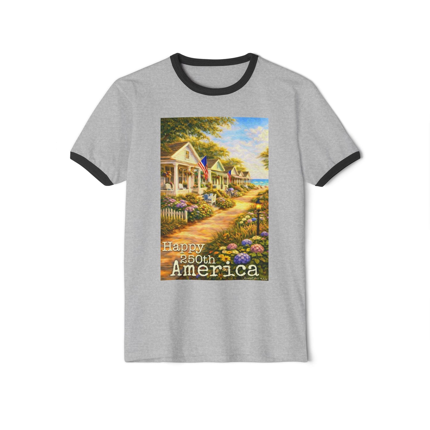 America 250th—4th of July Cottage Scene Ringer Tee