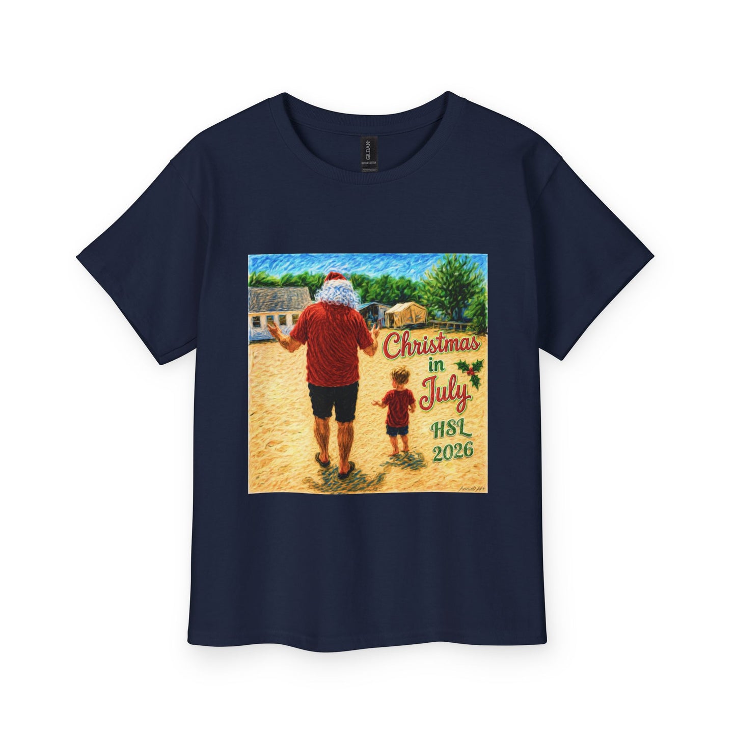 Youth Tee - 'Christmas in July 2026' Santa & Child Beach Design