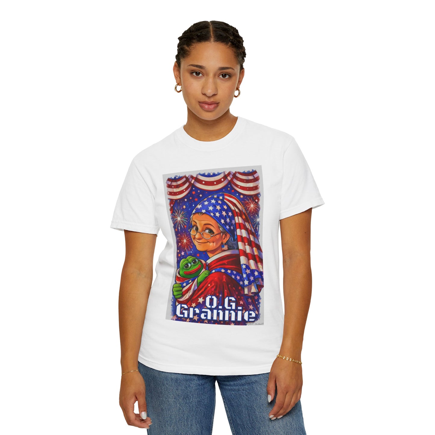 Grandmas Patriotic Original Gansta “OG Grannie” T-Shirt — American Flag Grandma w baby Pepe Graphic Tee