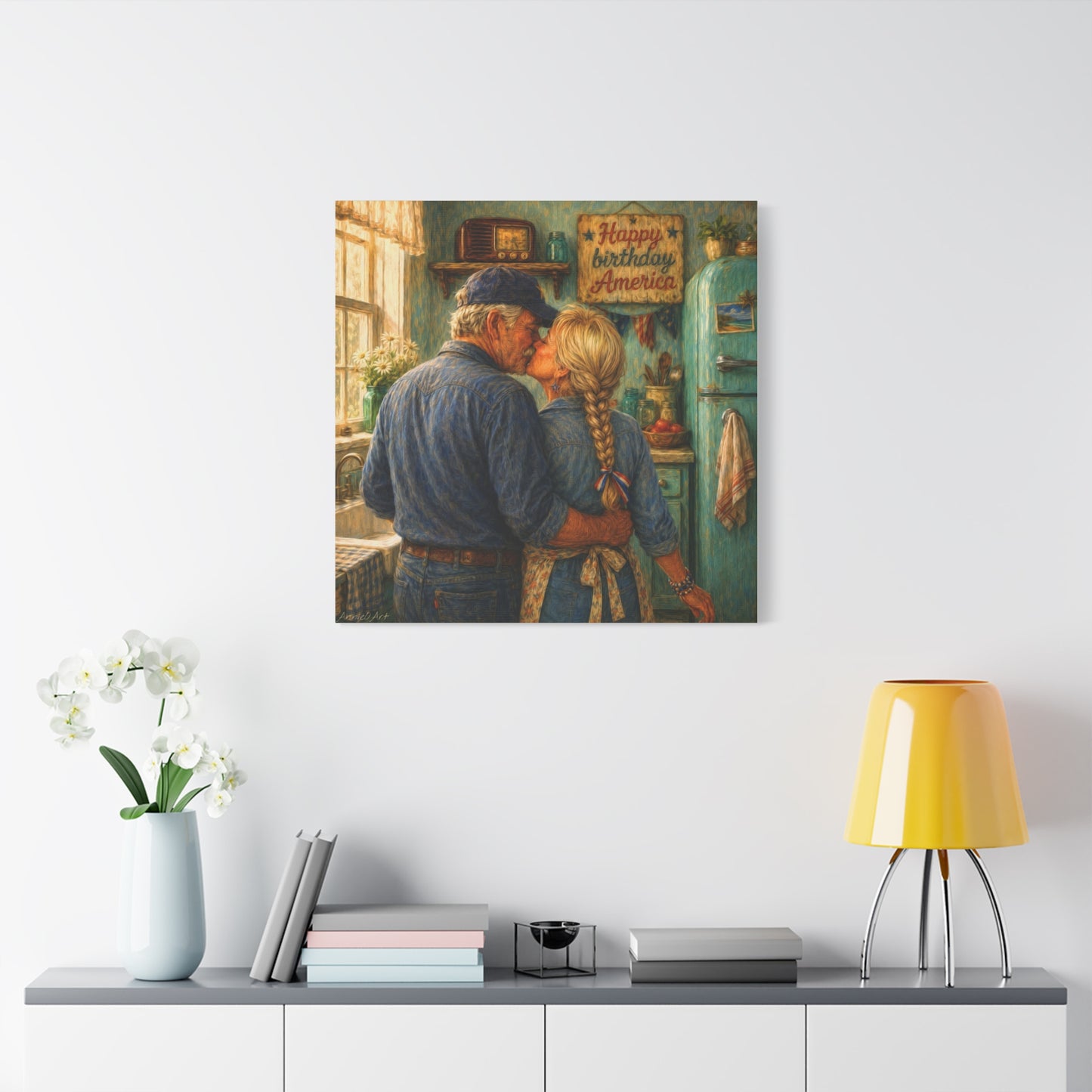 Patriotic Country Kitchen Canvas - "Happy Birthday America" Rustic Couple Wall Art