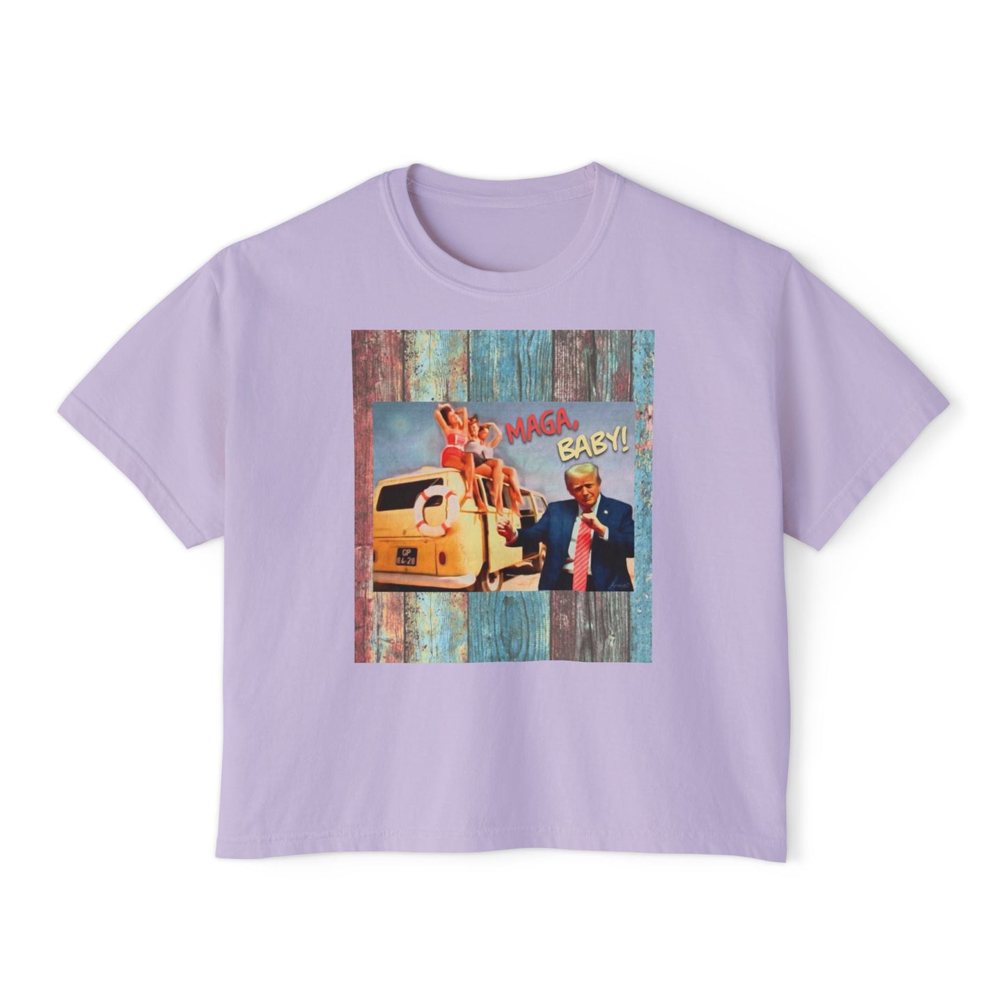 Beach scene w DJT dancing Retro VW van “MAGA, baby!” —Graphic Boxy Tee — Vintage Roadtrip/Rally tee Women's Shirt
