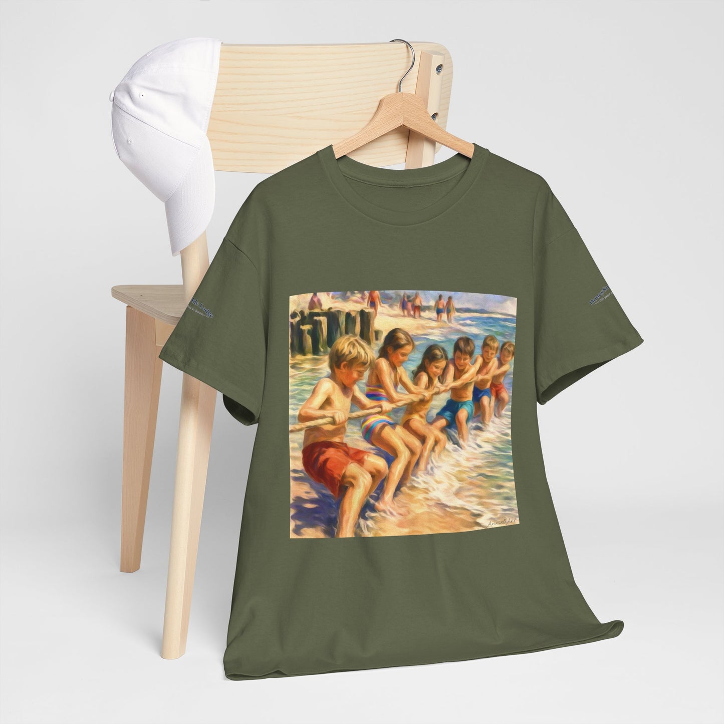 Honeysuckle Lodge Vintage Beach Print tee shirt front/back ("Honeysuckle Lodge - 50+ years of fun in the sun")