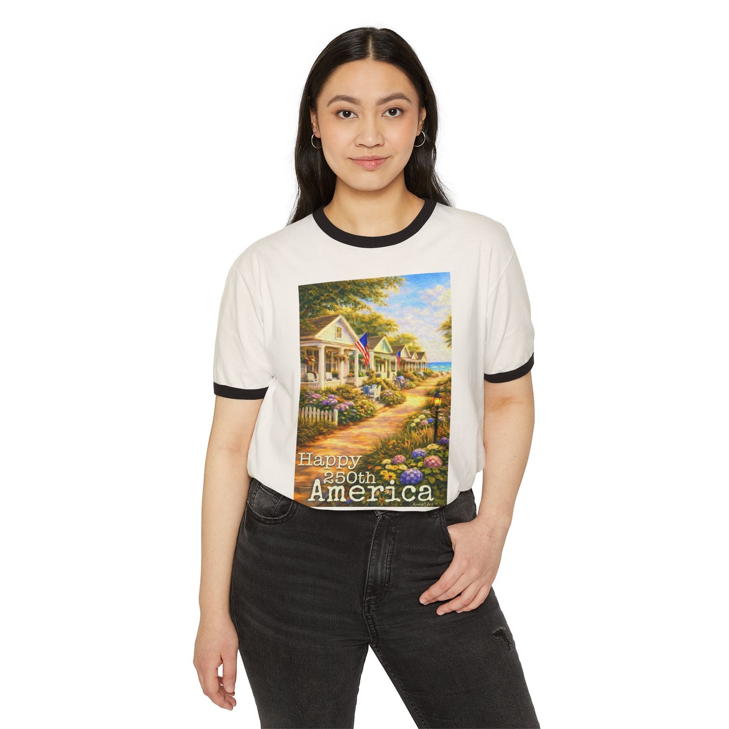 America 250th—4th of July Cottage Scene Ringer Tee