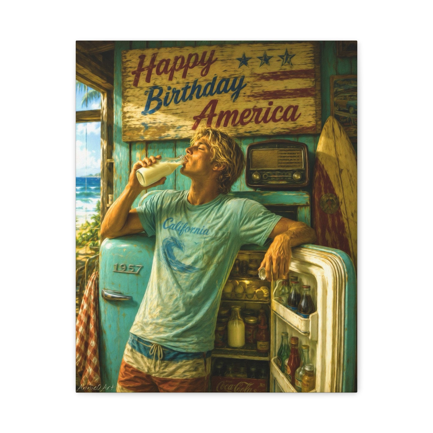 Happy Birthday America Canvas Wall Art — Retro Beach Guy Patriotic Home Decor