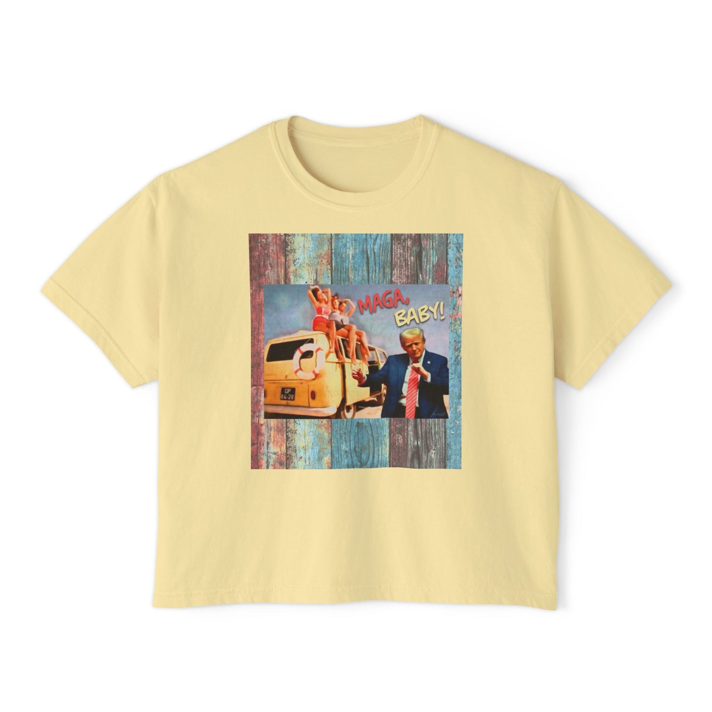 Beach scene w DJT dancing Retro VW van “MAGA, baby!” —Graphic Boxy Tee — Vintage Roadtrip/Rally tee Women's Shirt