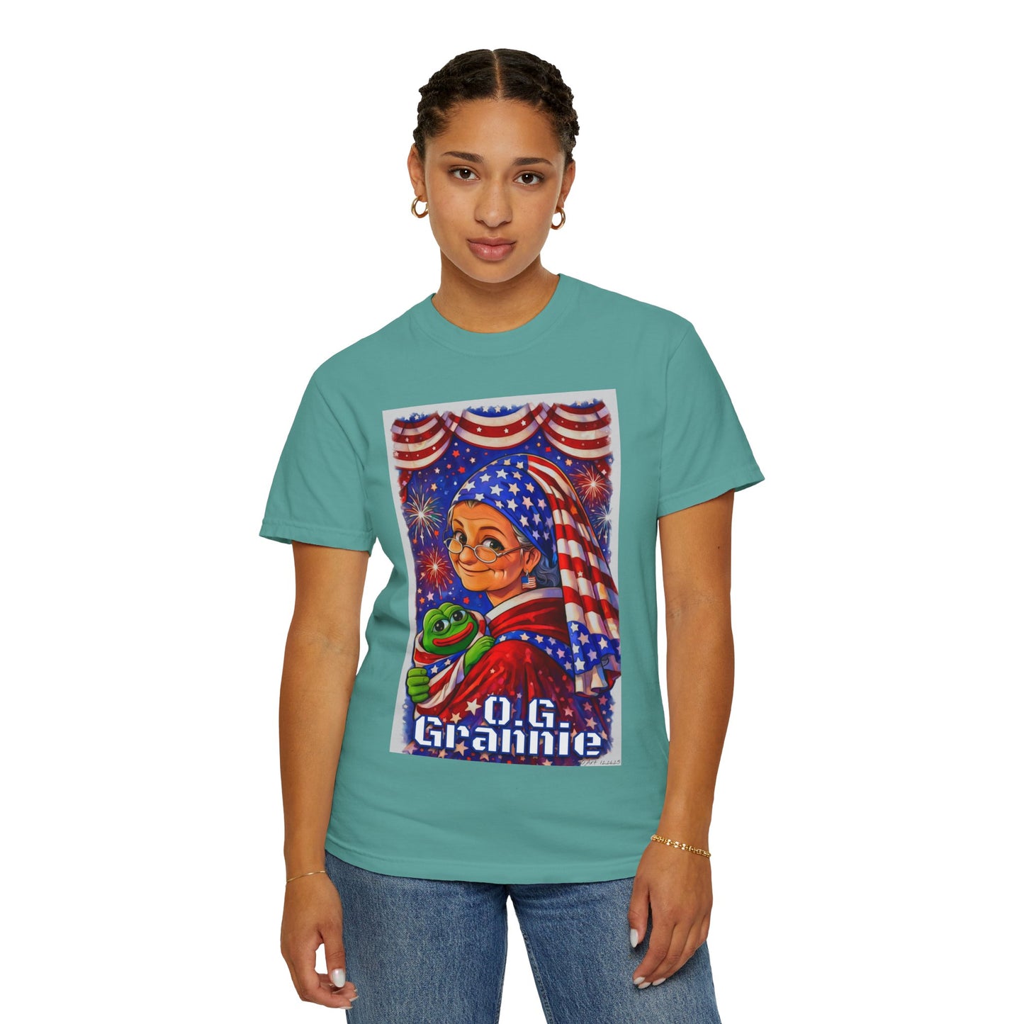 Grandmas Patriotic Original Gansta “OG Grannie” T-Shirt — American Flag Grandma w baby Pepe Graphic Tee