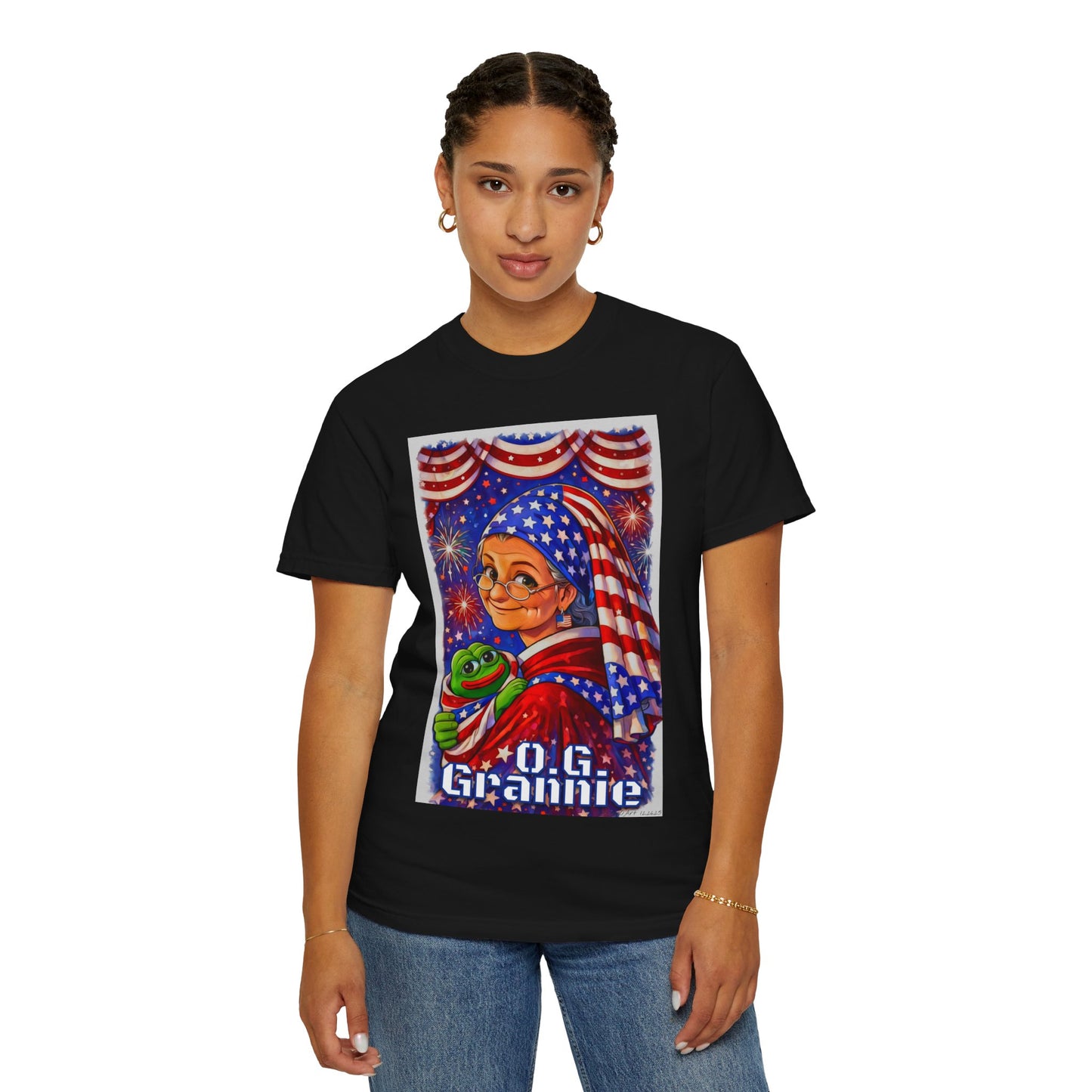 Grandmas Patriotic Original Gansta “OG Grannie” T-Shirt — American Flag Grandma w baby Pepe Graphic Tee